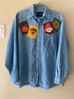 Three Rivers VTG Fall Patchwork Embroidered Button Up Shirt Men’s Size Medium